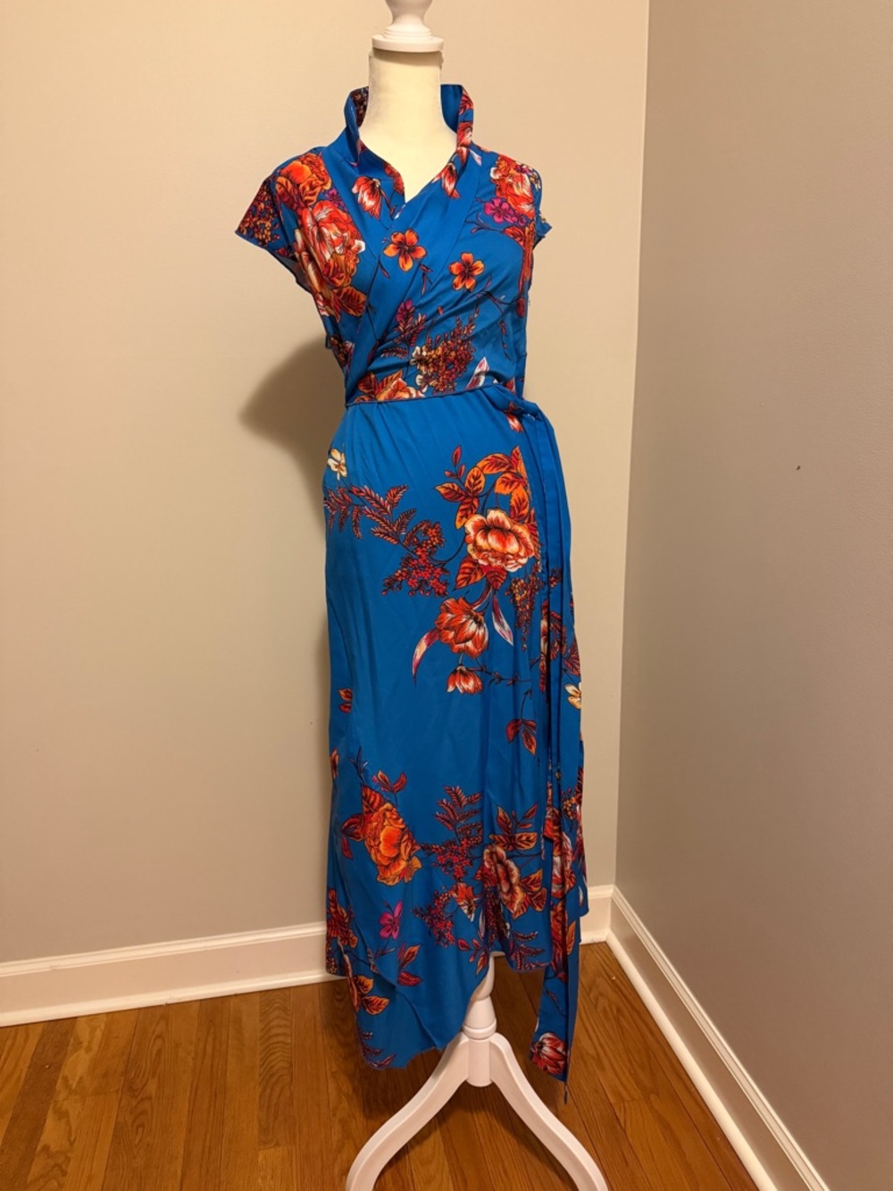 Nasty Gal Electric Blue Floral Wrap Midi Dress with Orange Blooms